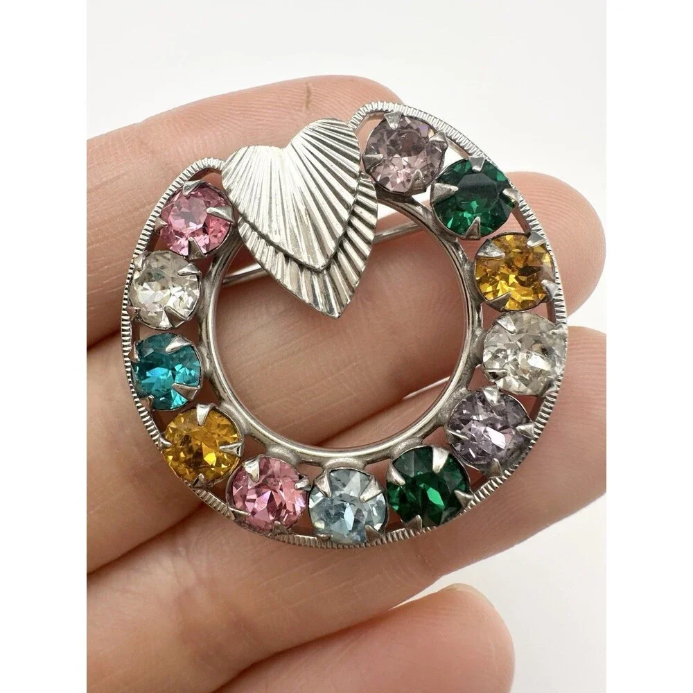 Vintage Sterling Silver Rhinestone Wreath Brooch Pin Multicolor